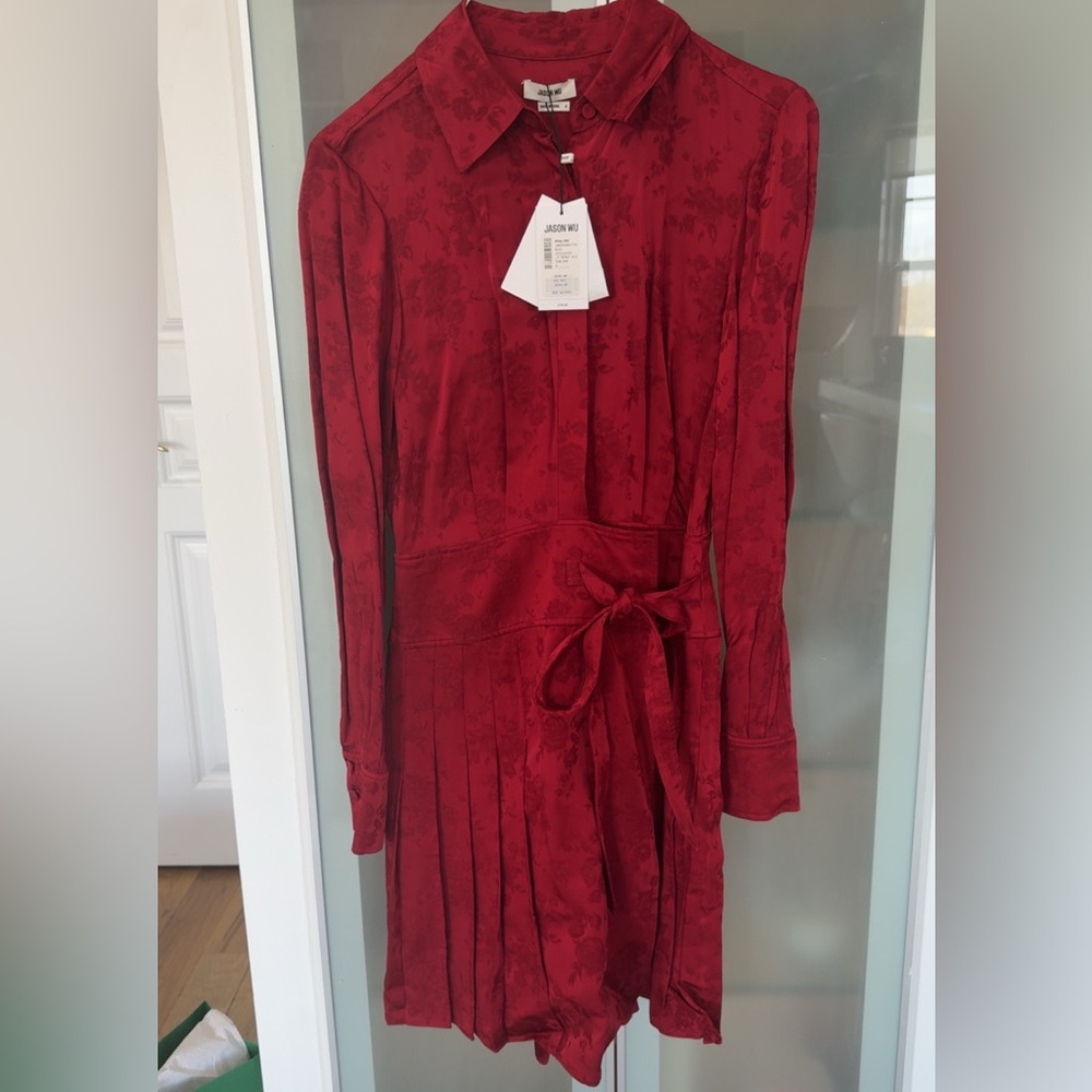 Jason Wu red Jacquard Long-Sleeve Tie-Waist wrapDress